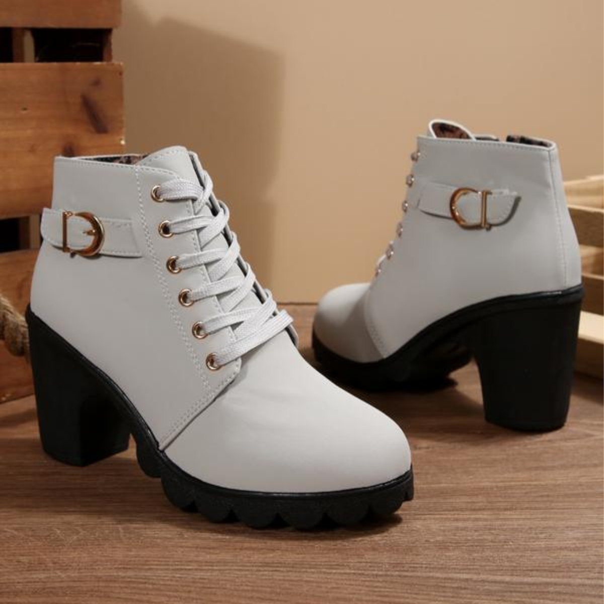 Katya – Chic Lace-Up Metal Buckle Ankle Boots