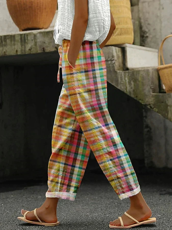 Kath – Checked Pants with Elastic Waist and Tie Closure