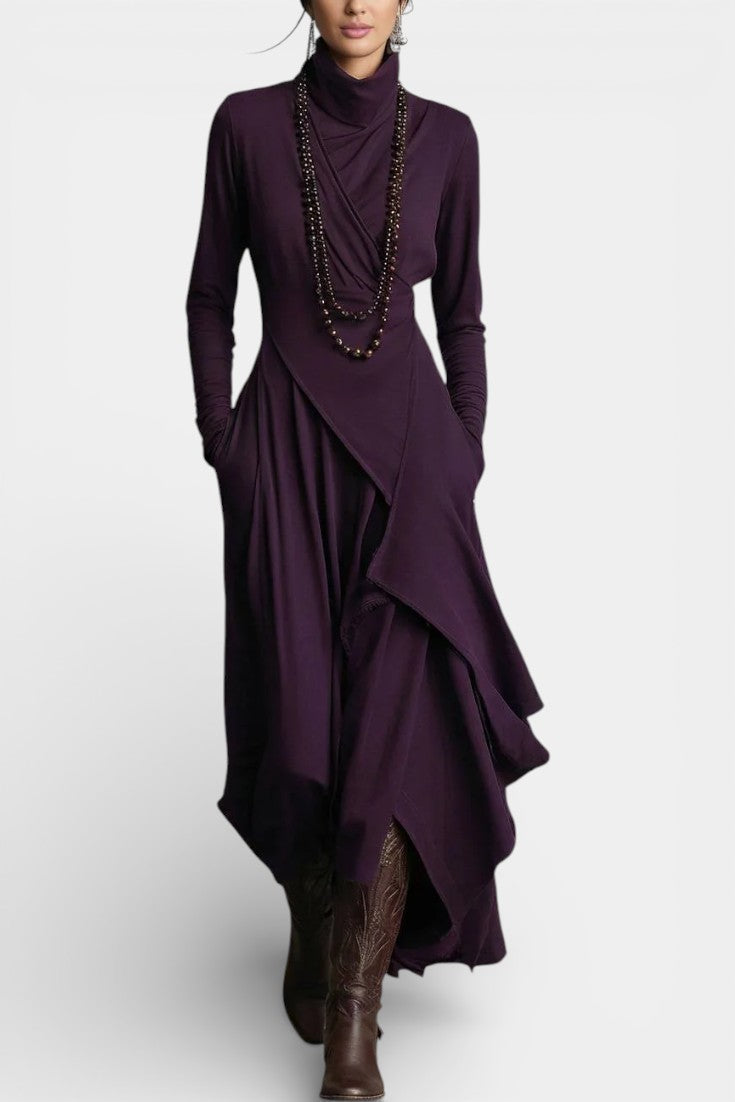 Ébeline Irregular Long Dress With High Neck In Gothic And Bohemian Inspiration