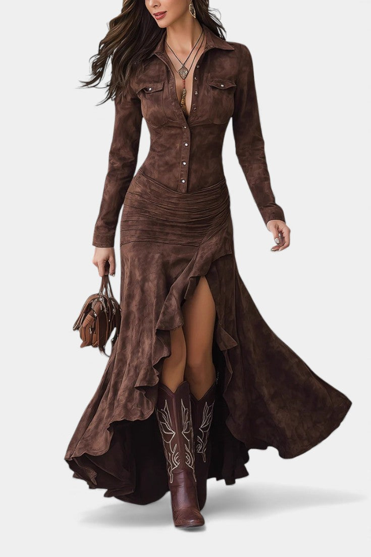 Tilda Long Brown Retro Ruffled Dress
