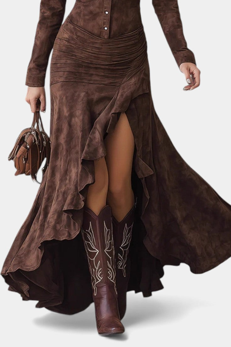 Tilda Long Brown Retro Ruffled Dress