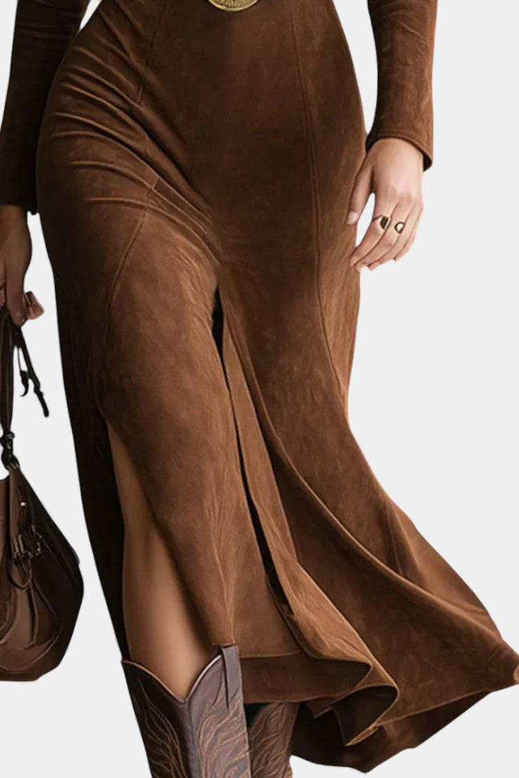 Huguette Midi Split Dress In Synthetic Suede Retro Western Style