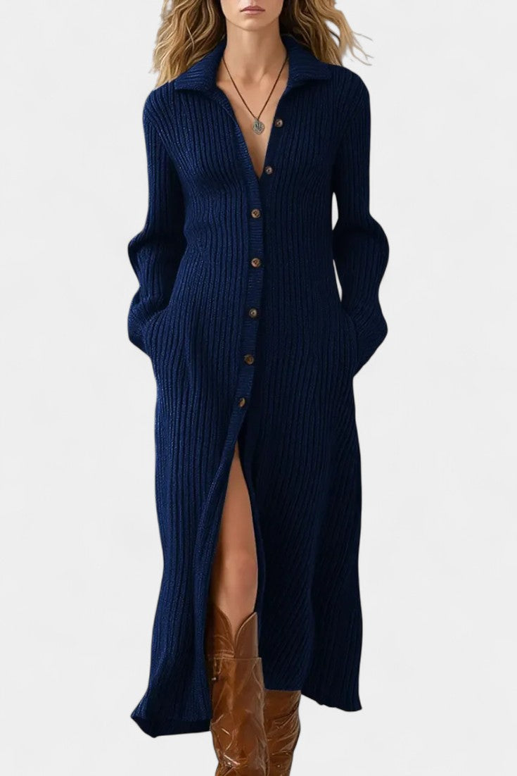 Thea Long Knit Dress With Shirt Collar