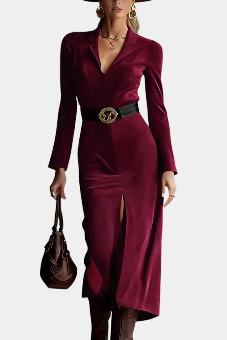 Huguette Midi Split Dress In Synthetic Suede Retro Western Style