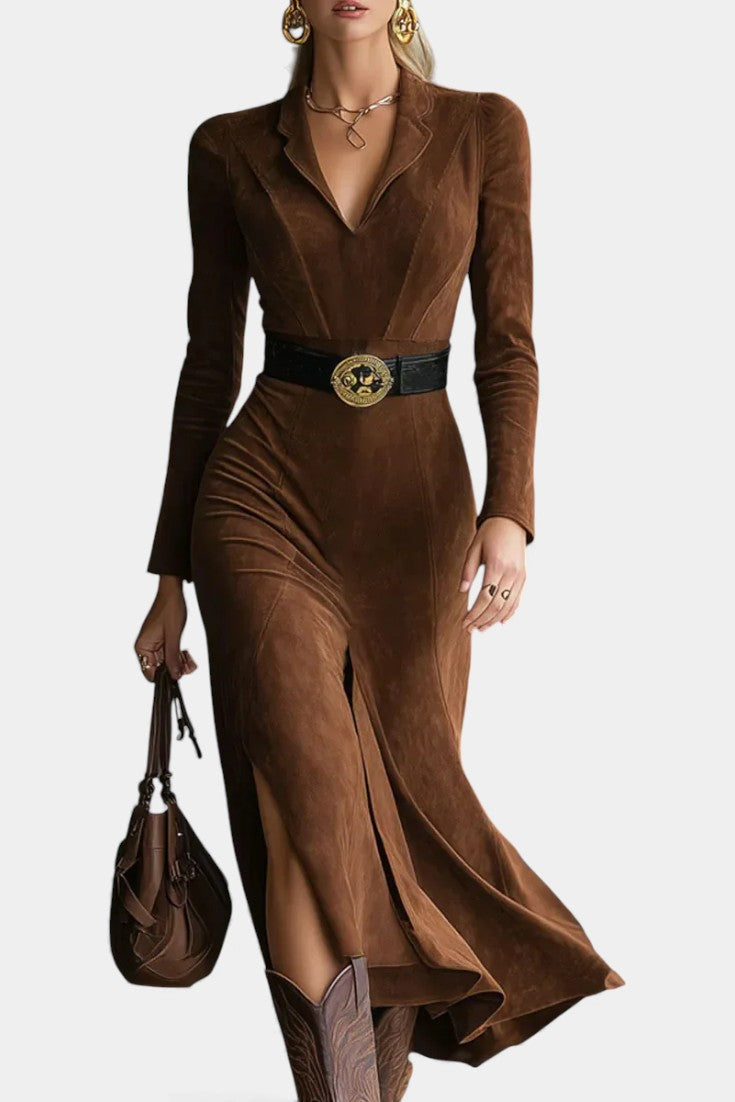 Huguette Midi Split Dress In Synthetic Suede Retro Western Style