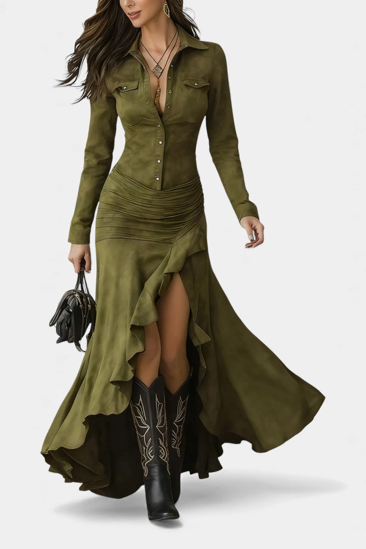 Tilda Long Brown Retro Ruffled Dress