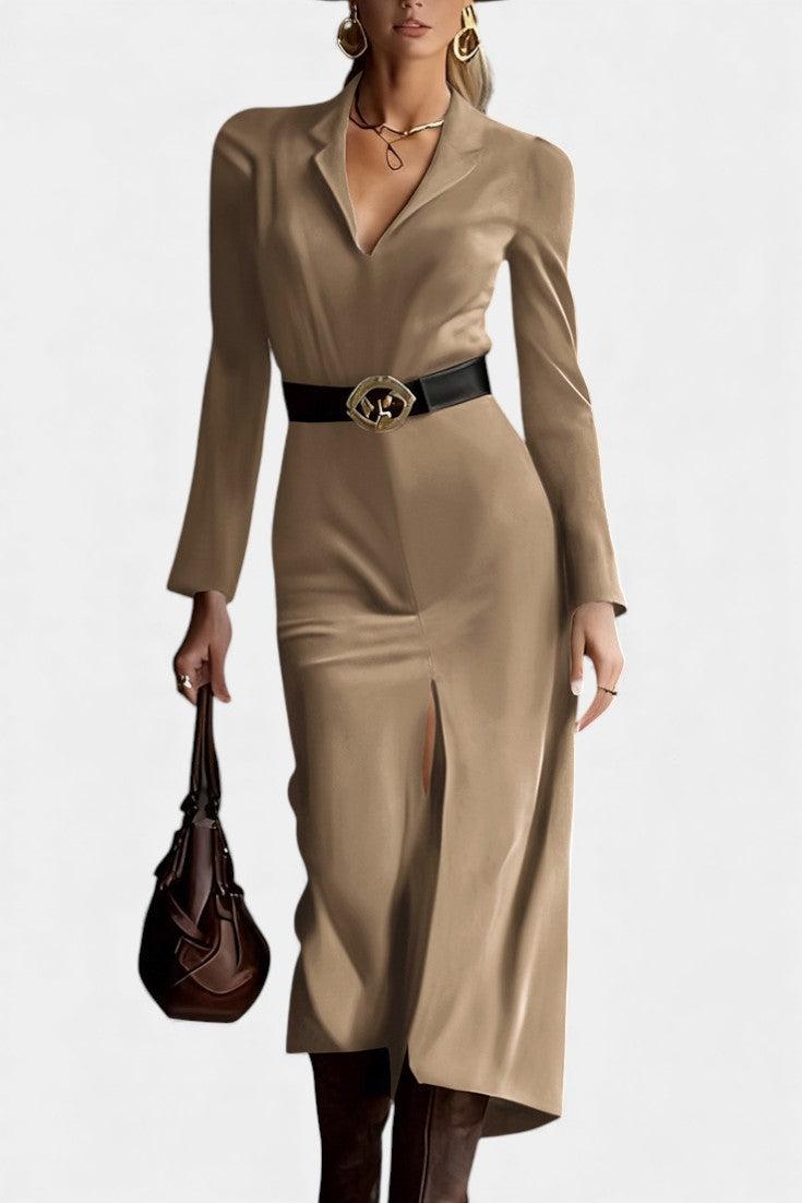 Huguette Midi Split Dress In Synthetic Suede Retro Western Style