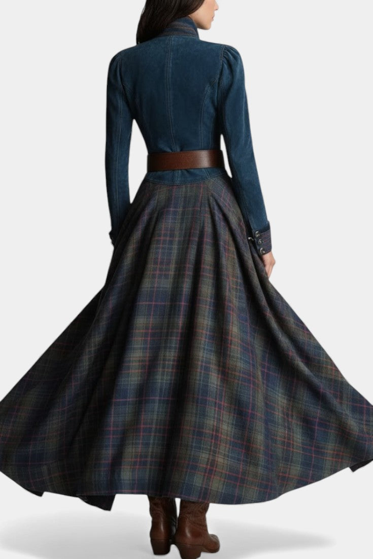 Liza Retro Ethnic Style Maxi Checkered Suede Dress