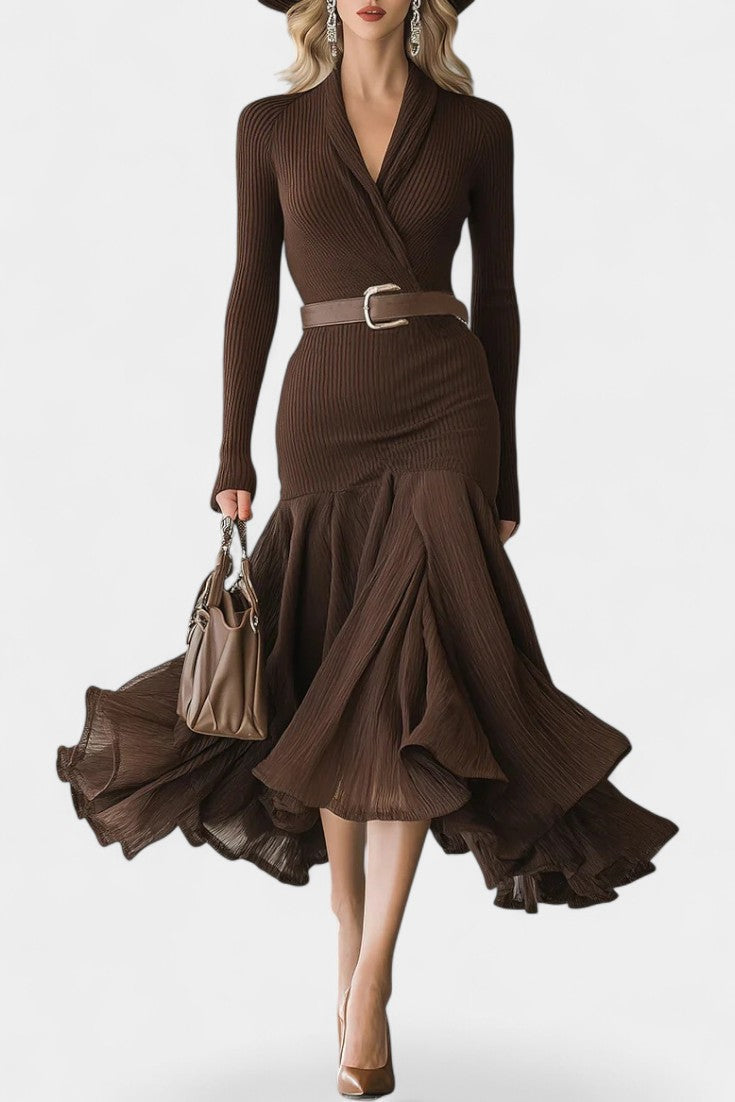 Clervie Long Sleeve Patchwork Collar Dress