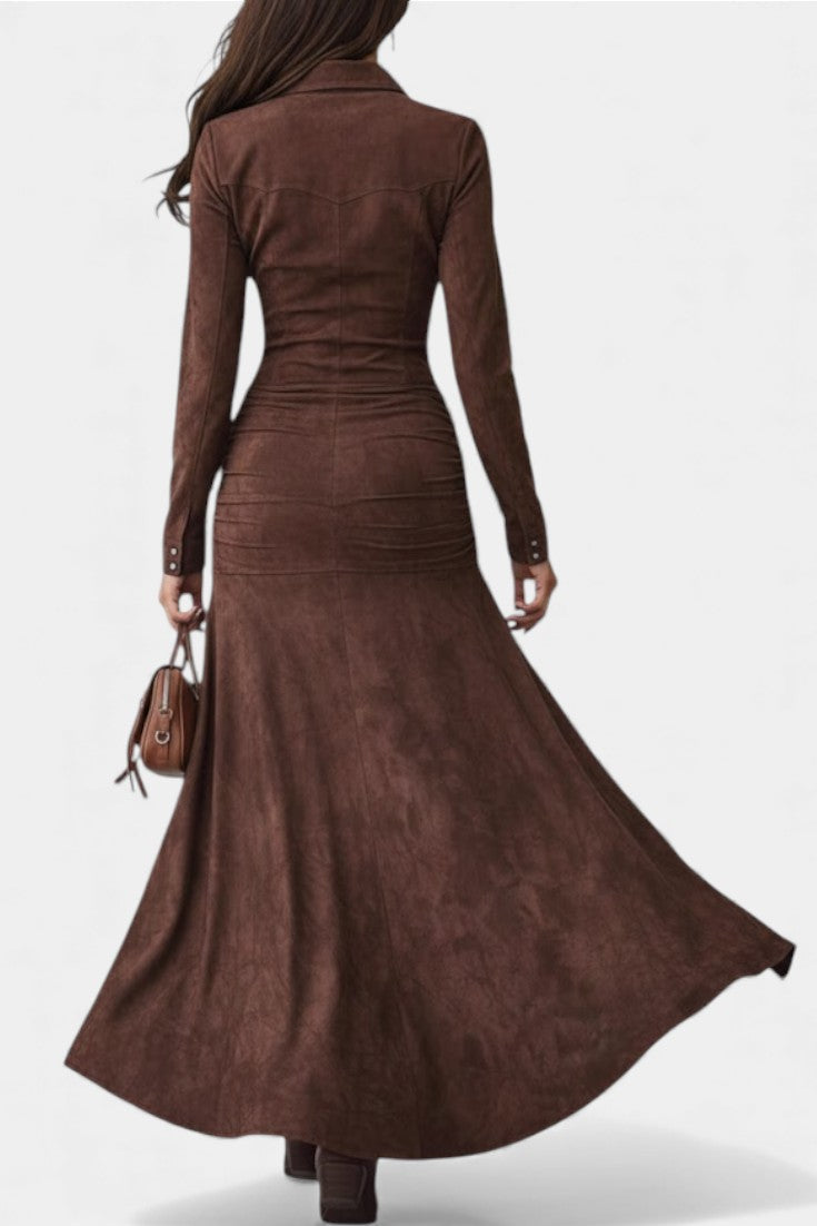 Tilda Long Brown Retro Ruffled Dress
