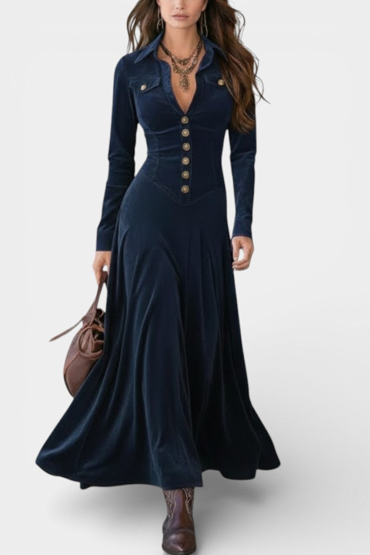 Romy Long Suede Dress With Buttons And Plunging Neckline