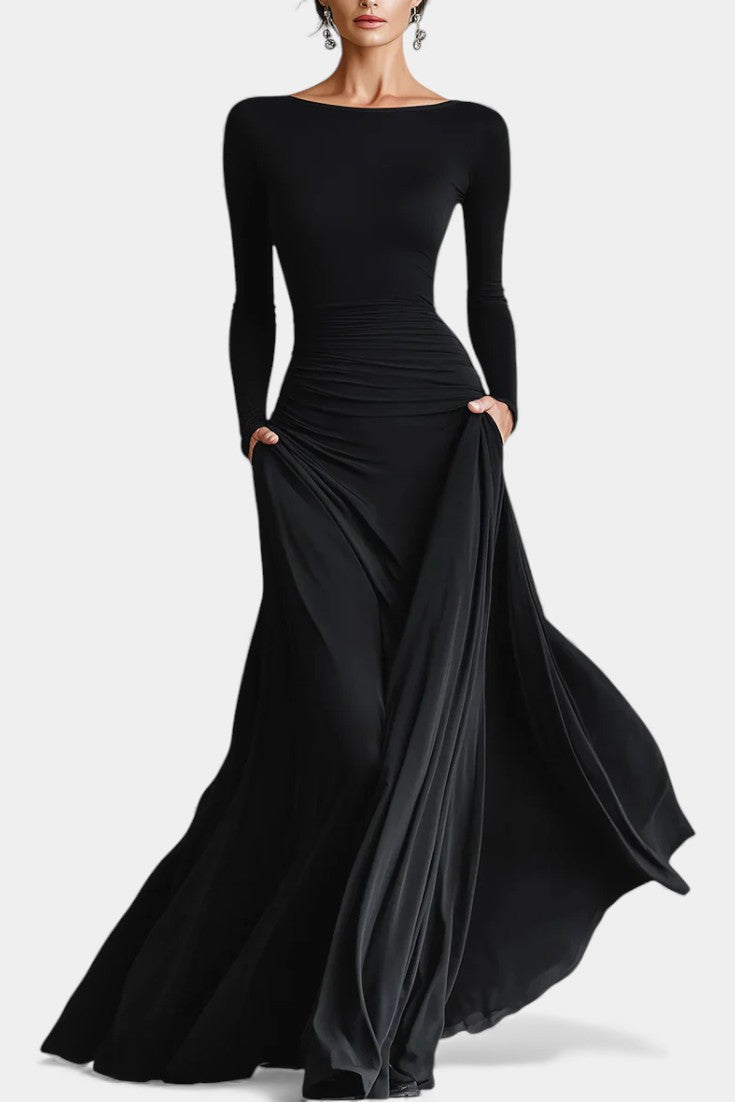 Stelline Long Pleated Dress In Modern Black Crepe
